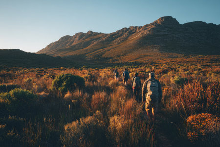 A group of individuals traverse a vast, open landscape towards a mountain range. The scene is bathed in warm sunlight, highlighting the texture of the dry vegetation. The composition features a natural outdoor setting, suggesting activities such as exploration, hiking, or travel. Suitable for visual concepts and commercial projects.の素材