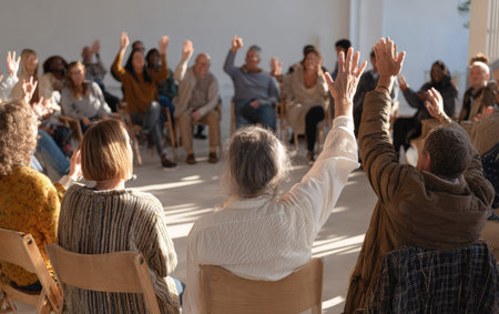 A diverse group of people are seated in chairs inside a room, many raising their hands. The composition features a neutral color palette, natural lighting, and a circular arrangement. The image conveys themes of community, support, and collaboration, suitable for editorial and commercial applications. The focus is on the group dynamic and shared experience.の素材