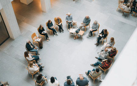 An overhead view shows a diverse group of people seated in a circle. They are likely gathered for a meeting, workshop, or collaborative discussion. The composition highlights a neutral color palette, featuring natural light, and a minimalist style. Suitable for editorial and commercial applications related to teamwork, and community.の素材