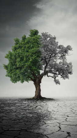 The image features a tree divided, with one half lush and green, the other gray and barren. The composition is vertical, suggesting a contrast in life and death. The lighting is soft, and the background is a cloudy sky. This visual can be used for environmental, conceptual, or editorial projects.の素材
