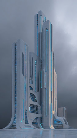 An architectural rendering presents a modern skyscraper design. The structure features a predominantly white color scheme with blue accents, showcasing a futuristic style. The composition, set against a cloudy backdrop, likely represents an outdoor environment. Suitable for a range of commercial applications, the image highlights innovative design.の素材