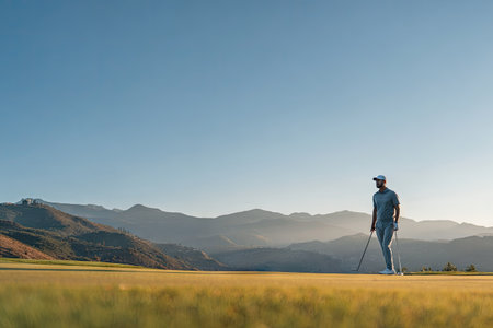 A golfer stands on a green golf course, ready to swing. The image shows a composition with a clear blue sky and mountains in the background. The lighting suggests an outdoor environment during the day. This image would be suitable for sports related projects.の素材