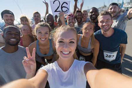 A diverse group of people, appearing happy, are posing for a photograph outdoors. The image showcases people with varied skin tones and expressions. Natural daylight illuminates the scene. This image could be used for various commercial or editorial purposes showcasing community or teamwork.の素材