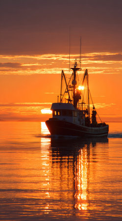 A fishing boat sails across calm water during a vibrant sunset. The composition features the boat as a silhouette against a fiery orange sky reflected in the water. The scene exhibits soft lighting and a sense of serenity, suitable for commercial or editorial applications related to travel or maritime themes.の素材