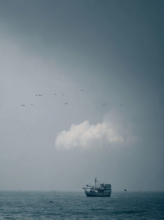 A fishing boat floats on a tranquil ocean, set against an overcast sky. The composition emphasizes the boat's silhouette and a single cloud. The image features cool tones and soft lighting, suggesting a serene atmosphere. Suitable for a range of uses, this image has an appeal for commercial and editorial purposes.の素材