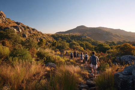 A group of people hike along a trail winding through a mountainous landscape. The scene showcases a sunny day with blue skies overhead. The composition includes vibrant greens, browns, and blues. This image could be used for promoting outdoor activities, travel, and adventure.の素材