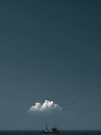 A small fishing vessel floats on calm water beneath a vast, cloudless sky. The image showcases a minimalist composition with a dominant color palette of blues and whites. The lighting suggests daytime. This photograph may be suitable for a variety of editorial and commercial applications related to maritime themes.の素材