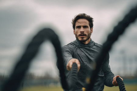 A man is shown working out with thick exercise ropes in an outdoor setting, likely a park or field. The image displays a shallow depth of field, with the man in focus, wearing gray athletic clothing. The scene suggests a fitness activity, possibly for editorial use or health-related promotions.の素材