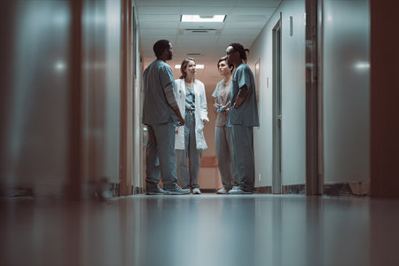 A group of medical professionals gather in a long corridor, engaging in conversation. The scene showcases individuals in scrubs and a lab coat. The overall aesthetic displays a muted color palette, possibly within a healthcare environment. Ideal for illustrating medical teamwork or healthcare-related articles.の素材