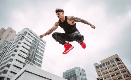 A man is captured mid-air, performing a dynamic jump above building structures. He is wearing dark athletic attire and bright red shoes. The photograph has an overhead perspective, with a cloudy sky providing a neutral backdrop. Ideal for content related to fitness, action, or urban exploration.の素材