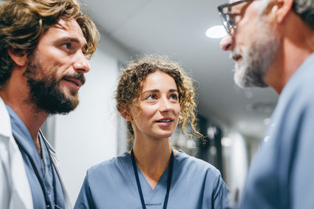 A group of medical professionals converse in a brightly lit hospital hallway. They wear blue scrubs and white coats, suggesting a clinical setting. The composition highlights interaction and collaboration. This image could be used for illustrating healthcare, teamwork, or medical concepts, suitable for editorial and commercial applications.の素材