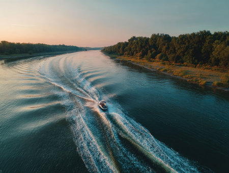 A motorboat swiftly moves along a wide river, generating a noticeable wake on the water's surface. The composition showcases the boat in motion with surrounding natural elements. The scene, bathed in soft light, features a backdrop of trees and a serene atmosphere, suitable for various promotional and illustrative projects.の素材
