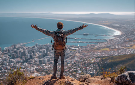A man stands with outstretched arms, enjoying a scenic overlook of a coastal city and ocean. The image displays a clear blue sky, soft lighting, and a feeling of freedom. It could be used in travel, tourism, or lifestyle publications and projects.の素材
