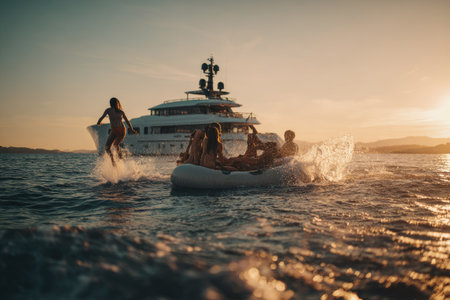 The image features a group of people enjoying water activities near a large yacht at sunset. The composition includes individuals on a small boat and a person jumping into the water. Warm colors and backlighting create a serene atmosphere suitable for various commercial and lifestyle applications.の素材
