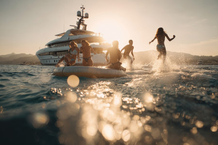 Group of people engage in water-based activities near a large yacht at sunset. The scene features figures silhouetted against the bright sun, with water droplets creating a dynamic composition. The image has a warm color palette, potentially suitable for promotional or lifestyle content.の素材