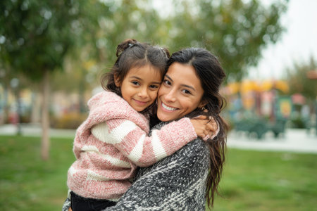 A mother and daughter are embracing, presented in a medium shot, with natural smiles. The image features soft lighting and a blurred background of green trees and park elements. The composition suggests warmth and affection, appropriate for various commercial and illustrative purposes.の素材