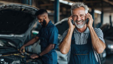 Two mechanics are working in a workshop; one is repairing a car while the other is talking on the phone. The scene displays a medium shot with focus on the mechanics and the vehicle. The overall aesthetic suggests a professional environment with natural lighting and practical composition suitable for various editorial or commercial uses.の素材