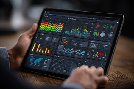 A close-up view presents a person's hands holding a tablet, showcasing various data charts and graphs. The visual features vibrant colors, intricate patterns, and a dark interface. This image suggests analytical activities and could be utilized in commercial projects, presentations, and informative articles.の素材