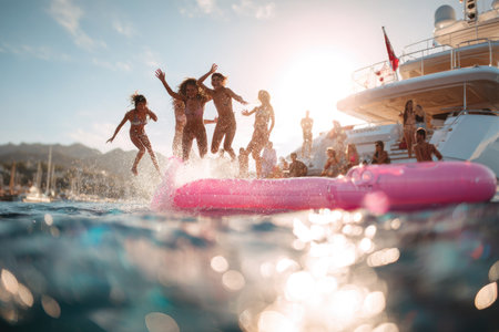 A group of people are seen jumping into the water. The image shows figures silhouetted against the bright sunlight, with their forms reflecting on the water's surface. The composition suggests leisure and recreation, perfect for use in promotional materials or editorial content related to travel and summer activities.の素材