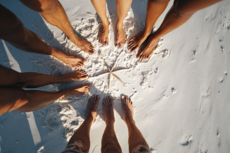 An overhead shot shows bare feet of several people standing in a circle around a starfish on a sandy beach. The image displays a neutral color palette with warm sunlight. This photo could be suitable for lifestyle concepts, travel articles, and various commercial projects. The scene takes place outdoors.の素材