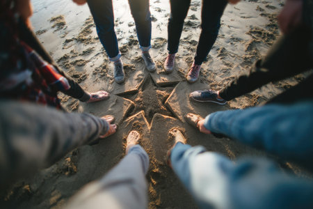 A group of people are seen standing around a star-shaped object on a sandy beach. The image showcases a close-up perspective of legs and feet. The scene, bathed in daylight, utilizes natural lighting to illuminate textures. Ideal for illustrating concepts of teamwork, cooperation, and collective endeavors for various commercial applications.の素材
