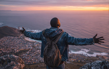 A person stands with arms outstretched, taking in a panoramic view. The image showcases a person from behind, wearing a denim jacket and backpack. The scene features a vast ocean, and a cityscape, under an orange and purple sunset. This could be useful for editorial content or promotional materials.の素材