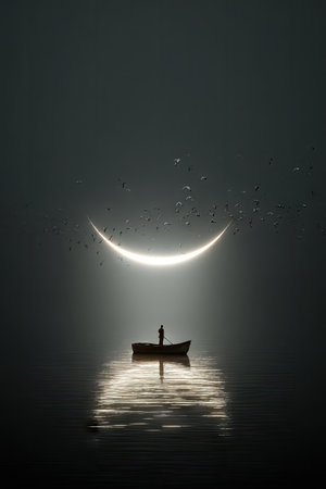 An artistic image features a solitary figure in a boat floating on calm water beneath a glowing crescent moon. The scene is dominated by a dark palette, with the moon's light creating a soft reflection. This image could be used for conceptual projects, editorial illustrations, or creative content related to dreams or solitude.の素材
