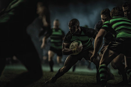 An action shot captures rugby players engaged in a game under a dimmed ambiance. The players wear dark uniforms with green accents, creating a contrasting look against the field's shadowy background. The composition highlights the athleticism and competitive nature of the sport. The image could be suitable for sports-related marketing or editorial purposes.の素材