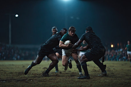 Athletes in action during a rugby match are captured under spotlight at night. The composition features players in dark attire and one in a green shirt, highlighting movement and physical contact. The dramatic scene suggests a competitive event with potential for commercial applications such as sports publications or marketing materials.の素材
