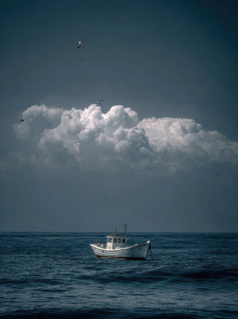 A small white boat rests on the dark blue ocean waters beneath a cloudy sky. The composition emphasizes the boat's isolation, enhanced by the overcast lighting. This image could be used for various commercial projects related to travel, nature, or nautical themes, offering a sense of serenity.の素材