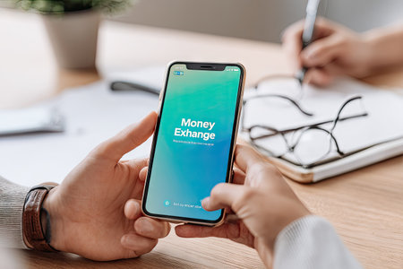 A close-up captures a smartphone screen showcasing a money exchange interface. The image displays a gradient of blue and green hues. The composition includes a hand holding the phone, with a blurred background featuring a person writing, eyeglasses, and a notebook. This scene may be suitable for financial, technology, or business-related content.の素材