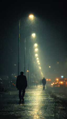 Two individuals are seen walking along a dark city street, illuminated by a line of streetlights. The scene is enveloped in a hazy atmosphere, with rain-slicked pavement reflecting the lights. The composition presents a moody ambiance with indistinct forms, possibly suitable for commercial and editorial purposes.の素材