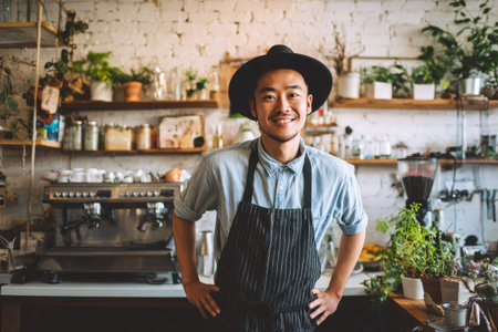 An Asian man is the focus, posed in a cafe, wearing an apron and hat. He's smiling directly at the viewer. The interior shows shelves with plants and containers, with daylight illuminating the scene. The image is suitable for various commercial uses related to service, business, and lifestyle content.の素材