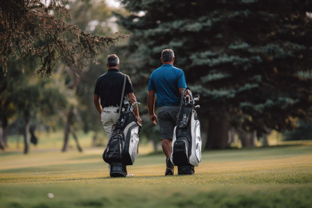 Two men are seen from the back, carrying golf bags across a green field. The image displays a daylight scene with medium lighting, showcasing the subjects' backs. The composition suggests an outdoor environment, possibly a golf course. This image is suitable for various commercial purposes, including marketing materials and editorial content.の素材