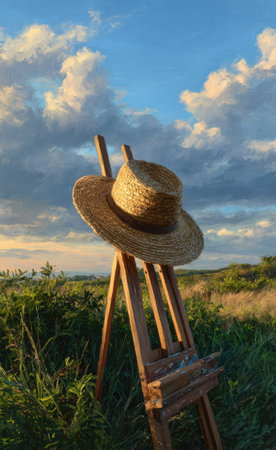 A straw hat rests on a wooden easel positioned in a natural outdoor environment. The image displays a clear blue sky filled with puffy white clouds, suggesting a sunny day. The composition features warm colors, with green vegetation and a rustic aesthetic, suitable for various editorial and commercial applications.の素材
