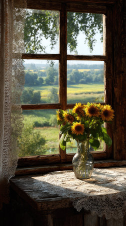A bouquet of sunflowers rests on a wooden table near a window. The scene is illuminated by soft daylight, with the sunflowers' yellow petals contrasting against the green field and blue sky. The composition is a rustic, naturalistic view, possibly suitable for home decor, editorial, or commercial projects.の素材