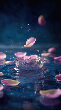 An artistic composition features a water splash with petals floating around. The image showcases droplets and dynamic textures, highlighted with light. The dark blue background enhances the visual effect. This image is suitable for various applications, including print and digital designs, related to beauty and wellness themes.の素材