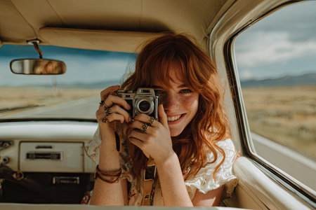 A woman holds a vintage camera, framed by the interior of a vehicle with an open window. The scene is bathed in natural light, with warm tones dominating. The composition emphasizes the subject's expression and the surrounding environment, potentially suited for lifestyle, travel, or creative projects.の素材