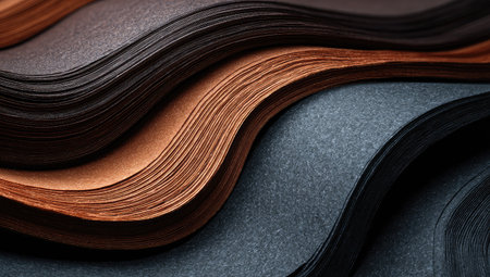 An abstract composition features layered paper in shades of brown, gray, and black, creating a wavy pattern. The texture reveals paper fibers under soft lighting, highlighting the flowing lines. Suitable for use in design projects, presentations, or as a decorative background, providing a neutral and modern aesthetic.の素材