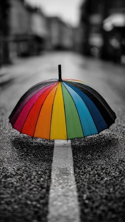A vibrant rainbow umbrella sits on a wet road, contrasting sharply against a grayscale background. The image showcases the umbrella's colors, highlighting its various segments. This artistic shot could be used to illustrate concepts related to protection, weather, or adding vibrancy. Suitable for diverse commercial and editorial purposes.の素材