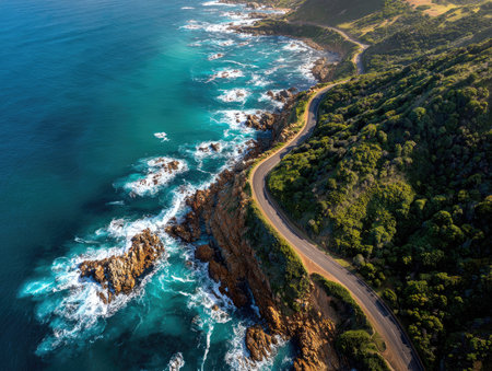 An aerial perspective captures a road winding along a rugged coastline. Turquoise ocean waves crash against rocky shores. The scene showcases a brown cliff face juxtaposed with lush green vegetation. Overhead sunlight illuminates the natural landscape. Suitable for travel, nature, or environmental related projects.の素材