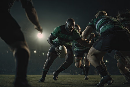 This image captures a rugby game in progress with players engaged in a dynamic play. The scene features athletes in athletic attire. The dark environment is illuminated by stadium floodlights, creating dramatic lighting. It can be used for sports articles, promotional materials, or other related editorial content.の素材