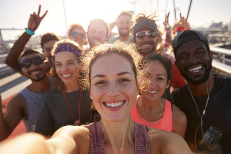 A diverse group of friends gathers for a cheerful selfie under a bright, sunny sky. The image displays a close-up perspective with various skin tones and expressions. The composition includes vibrant colors and suggests a sense of joy and camaraderie, suitable for various editorial and promotional purposes.の素材
