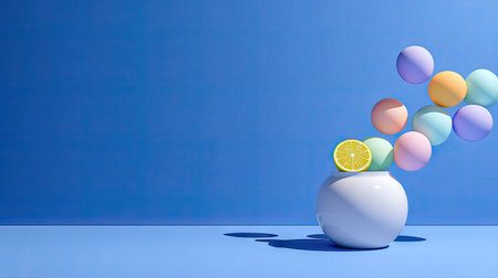 An abstract composition features a white vase with spheres and a lemon slice against a solid blue background. The scene is illuminated by overhead lighting, creating strong shadows. Pastel colored spheres appear to be emerging from the vase, suggesting creativity, design, or conceptual themes appropriate for various commercial projects.の素材