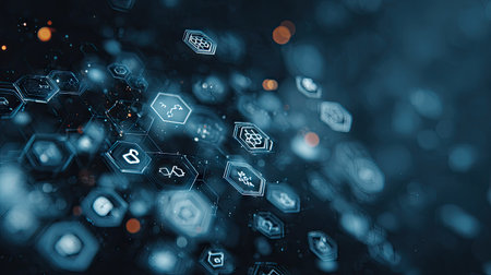 Dynamic composition featuring illuminated hexagonal icons against a dark blue backdrop. The image showcases glowing elements with a focus on digital representation. Could be utilized for themes relating to technology, future, or networks. Suitable for both commercial and editorial applications.の素材
