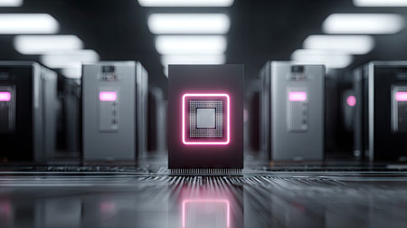 An abstract depiction showcases a row of server units, each with a central, glowing neon square. The image presents a futuristic atmosphere, possibly related to data storage or network operations. Its monochromatic color palette is contrasted with the bright pink elements, and the image can be used for technology related articles.の素材