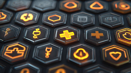 A close-up view presents a grid of hexagonal shapes featuring illuminated icons in orange and yellow hues. The composition showcases a dark metallic texture, with selective focus creating depth. This visual is suitable for depicting technology, innovation, or design concepts and can be used in various commercial applications.の素材