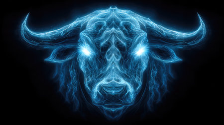 A digitally rendered illustration features a bull head design with luminous blue light effects against a dark background. The artwork showcases intricate patterns and textures, suggestive of energy and mysticism. Ideal for artistic representations, the image could be useful for various commercial and editorial applications.の素材