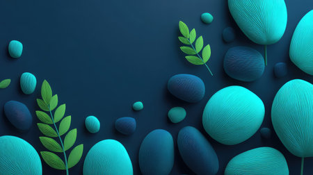 This abstract illustration features rounded stones in shades of teal and blue, alongside green leaves, set against a dark blue backdrop. The image utilizes soft lighting and a minimalist style. Suitable for graphic design projects, it is adaptable for use in various visual communication applications and editorial contexts.の素材