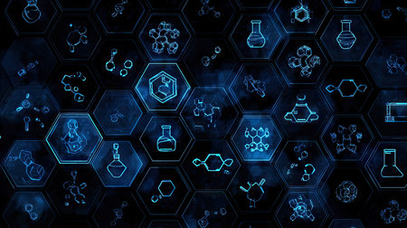 This image showcases an abstract composition featuring interconnected hexagonal cells with various scientific symbols. The artwork incorporates neon blue lines and gradients against a dark backdrop. This digital illustration could be utilized for presentations, educational materials, or marketing visuals related to science and technology concepts.の素材